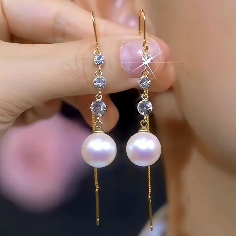 14K Gold-Plated Elegant White Pearl Zircon Tassel Threader Earrings