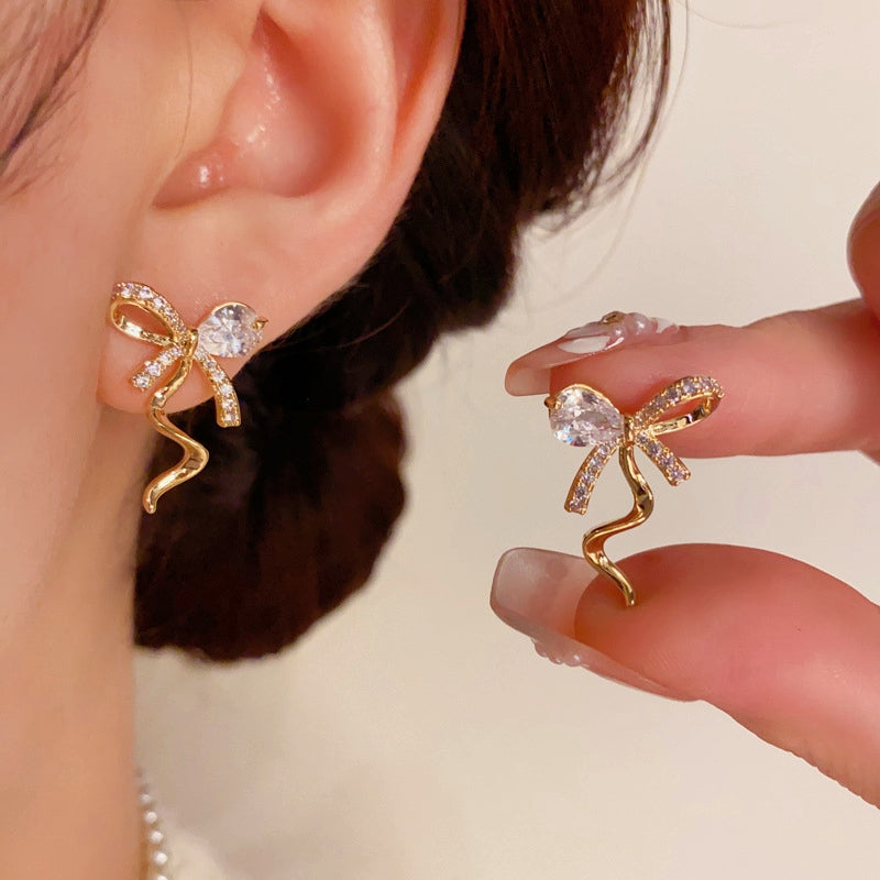 14K Gold-Plated Elegant Zircon Bow Earrings