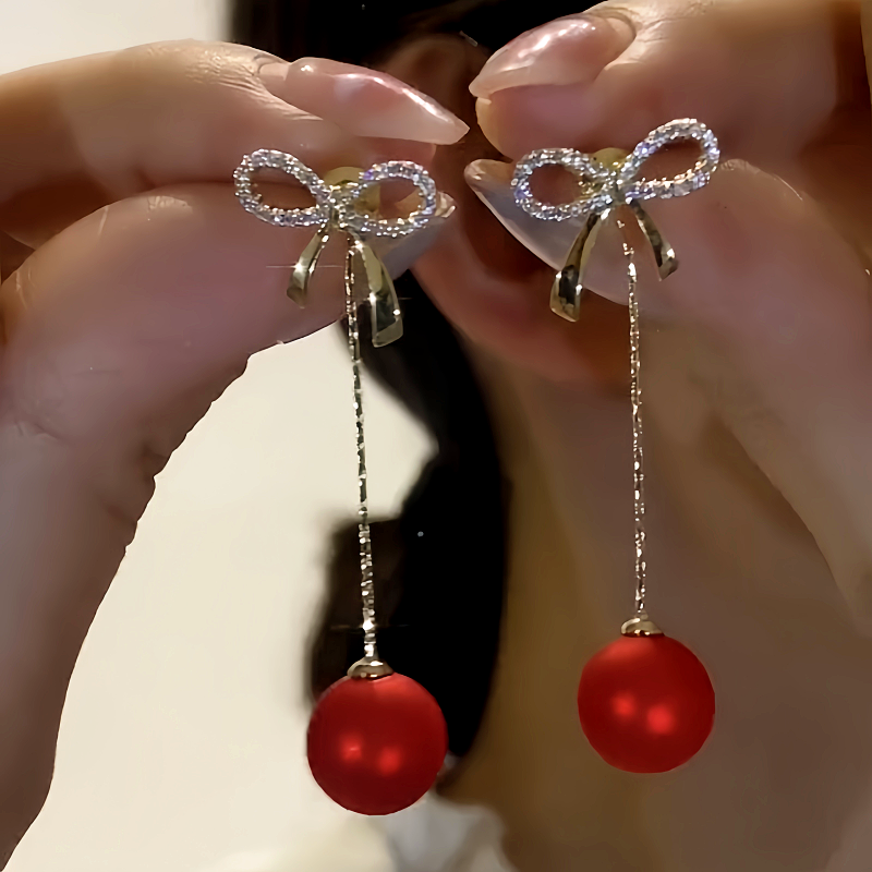 14K Gold-Plated Elegant Zircon Bow Red Pearl Tassel Earrings