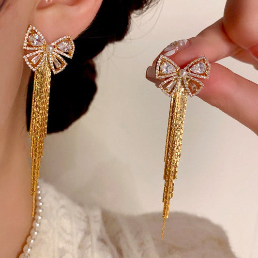 14K Gold-Plated Elegant Zircon Bow Tassel Earrings