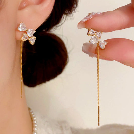 14K Gold-Plated Elegant Zircon Bow Threader Earrings