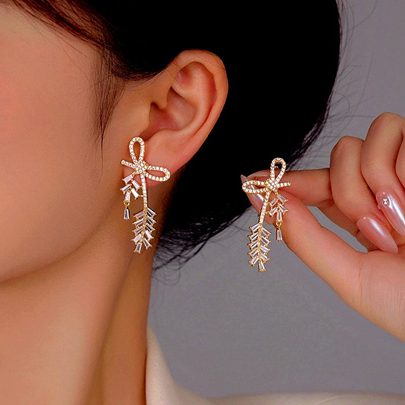 14K Gold-Plated Elegant Zircon Bow Wheat Earrings