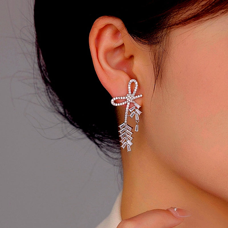 14K Gold-Plated Elegant Zircon Bow Wheat Earrings