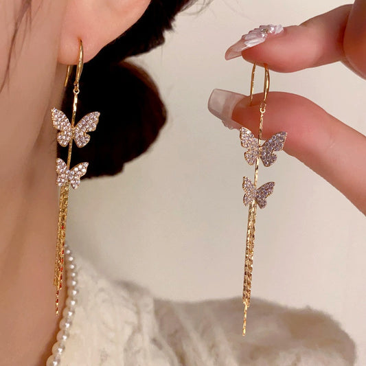 14K Gold-Plated Elegant Zircon Butterfly Ear Hook Tassel Earrings