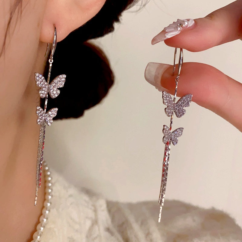 14K Gold-Plated Elegant Zircon Butterfly Ear Hook Tassel Earrings