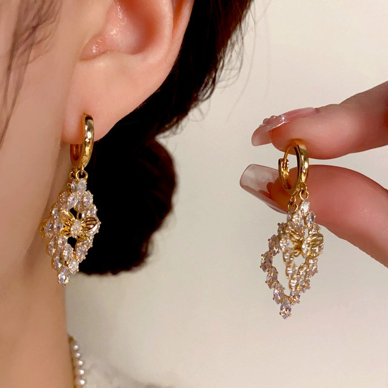 14K Gold-Plated Elegant Zircon Double-Layer Butterfly Earrings