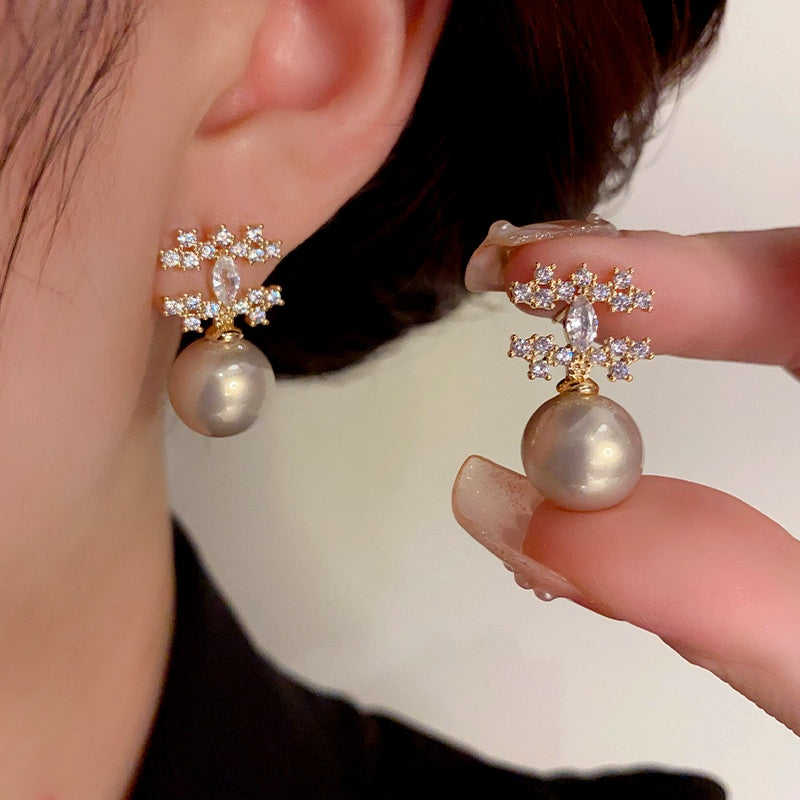 14K Gold-Plated Elegant Zircon Double C Pearl Earrings