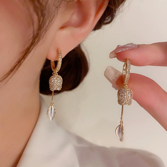 14K Gold-Plated Elegant Zircon Flower And Leaf Earrings