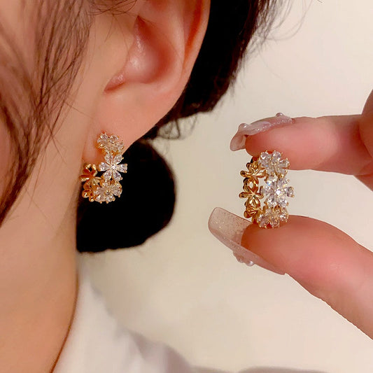 14K Gold-Plated Elegant Zircon Flower Hoop Earrings