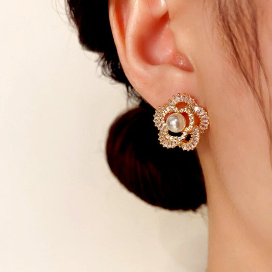 14K Gold-Plated Elegant Zircon Flower Pearl Stud Earrings