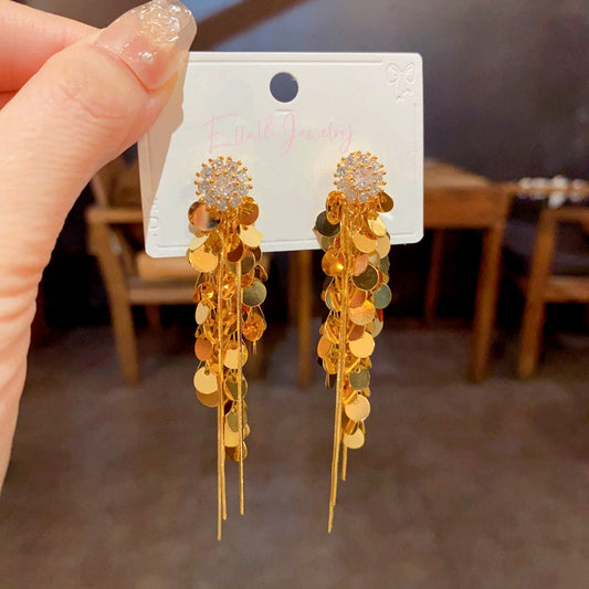 14K Gold-Plated Elegant Zircon Flower Sequin Tassel Earrings