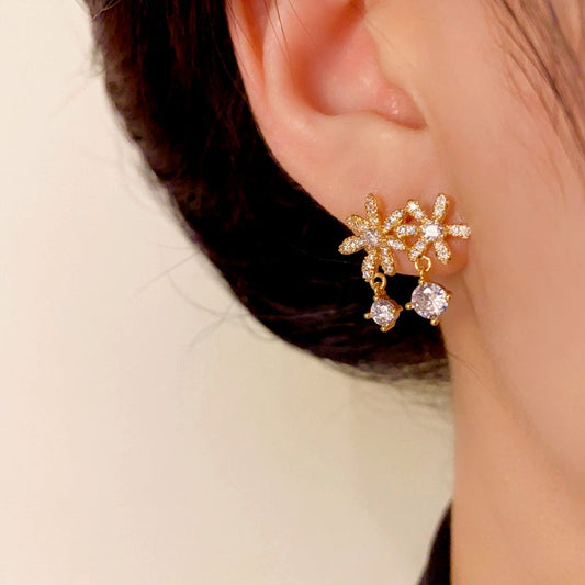 14K Gold-Plated Elegant Zircon Flower Tassel Earrings