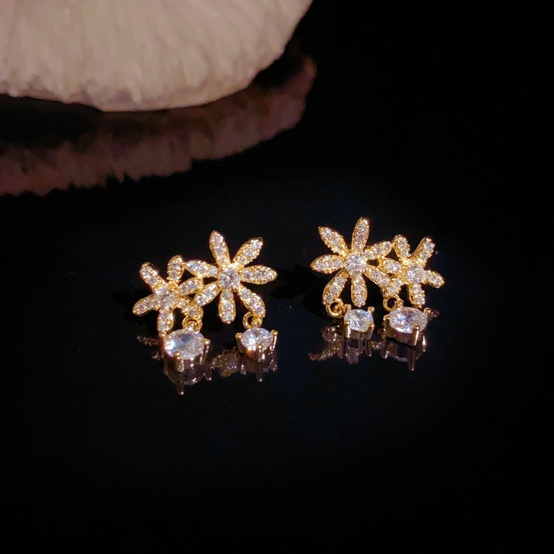 14K Gold-Plated Elegant Zircon Flower Tassel Earrings