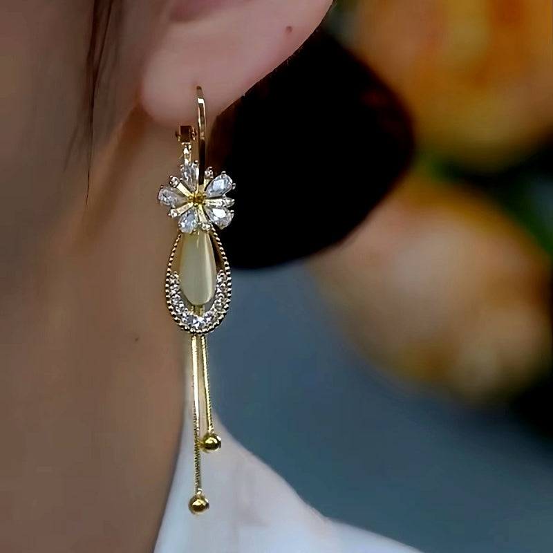 14K Gold-Plated Elegant Zircon Flower Water Drop Tassel Earrings