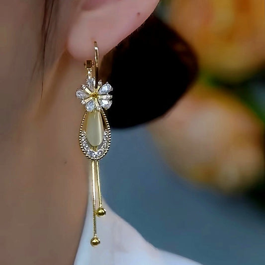 14K Gold-Plated Elegant Zircon Flower Water Drop Tassel Earrings