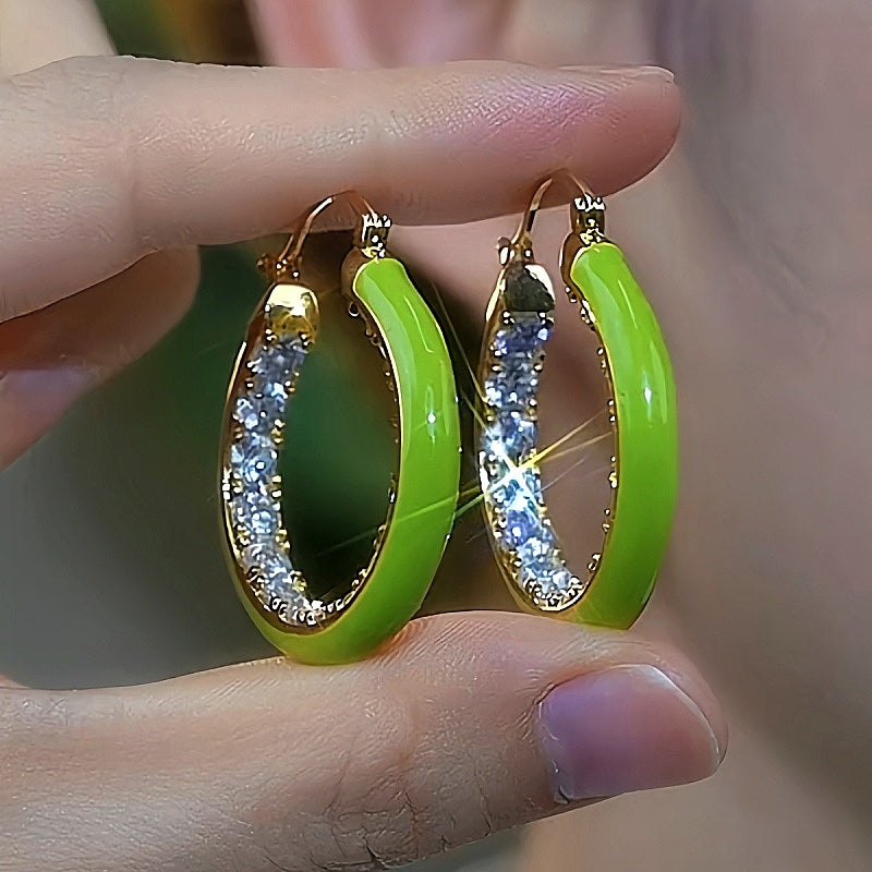 14K Gold-Plated Elegant Zircon Green Hoop Earrings