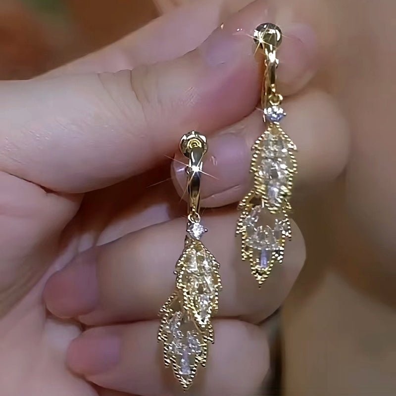 14K Gold-Plated Elegant Zircon Leaf Earrings