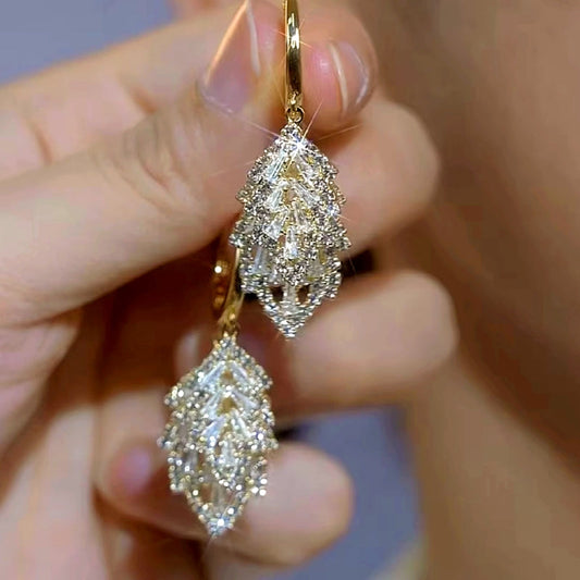 14K Gold-Plated Elegant Zircon Leaf Earrings