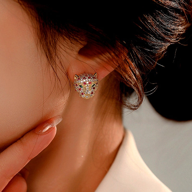 14K Gold-Plated Elegant Zircon Leopard Head Stud Earrings