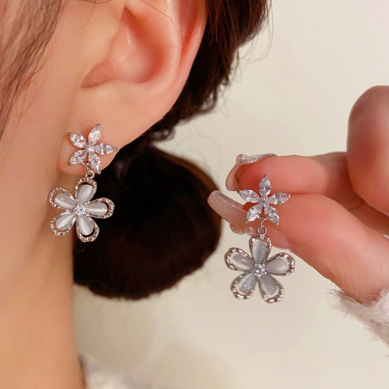 14K Gold-Plated Elegant Zircon Opal Flower Earrings