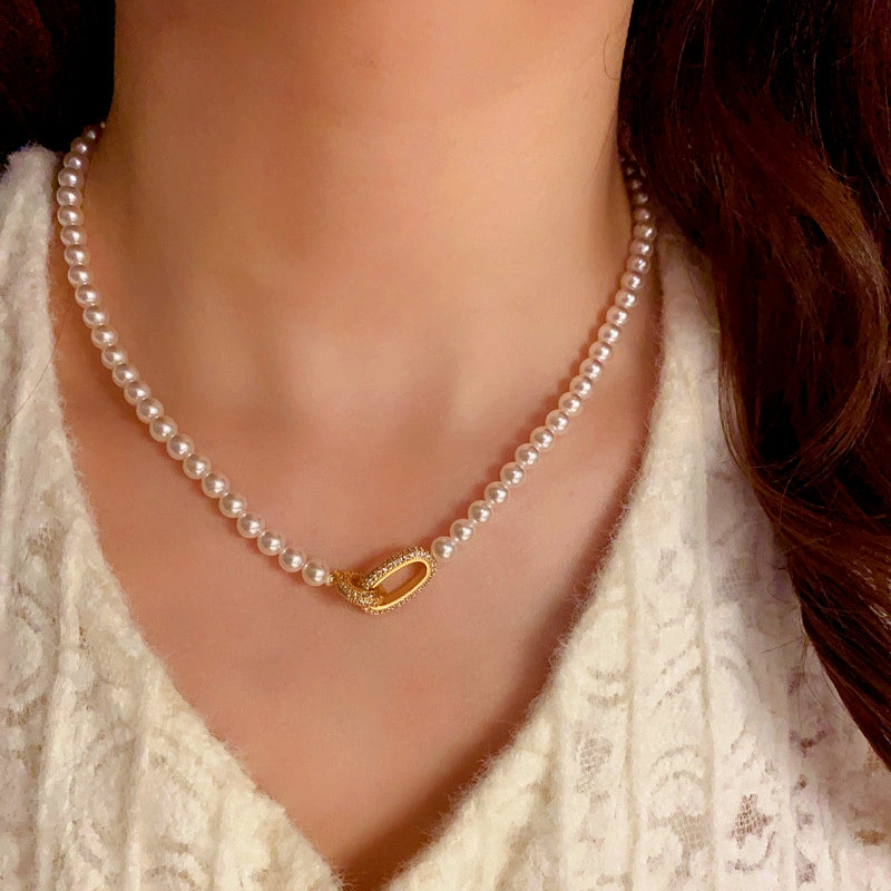 14K Gold-Plated Elegant Zircon Oval Ring Pearl Necklaces