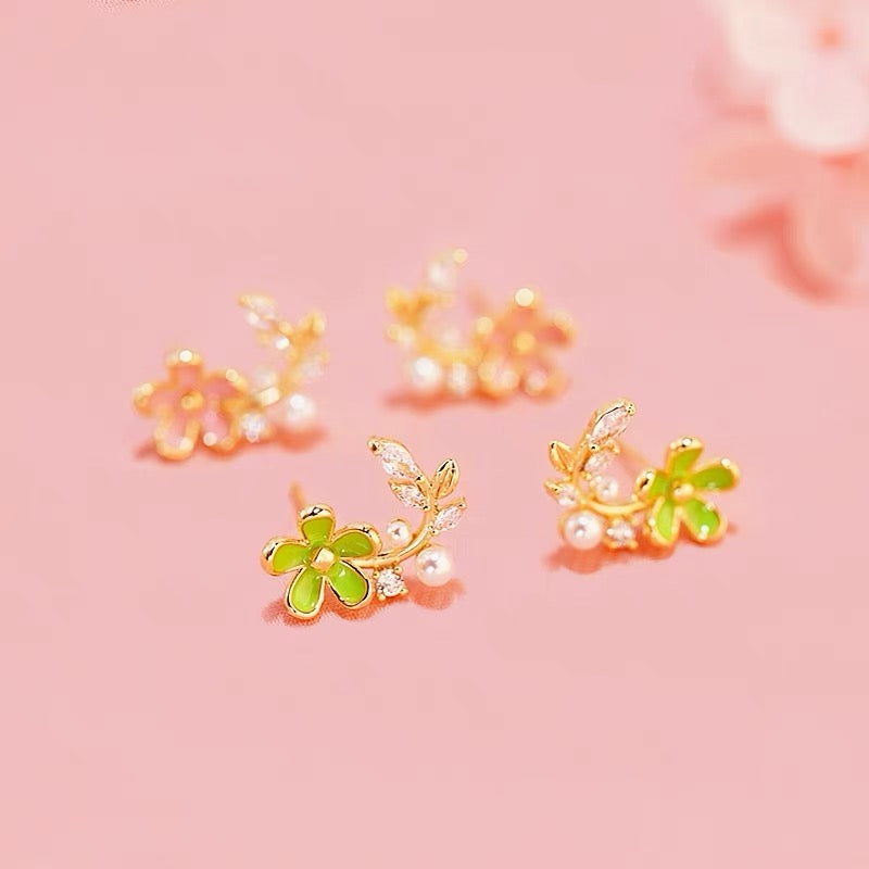 14K Gold-Plated Elegant Zircon Pearl Flower Earrings