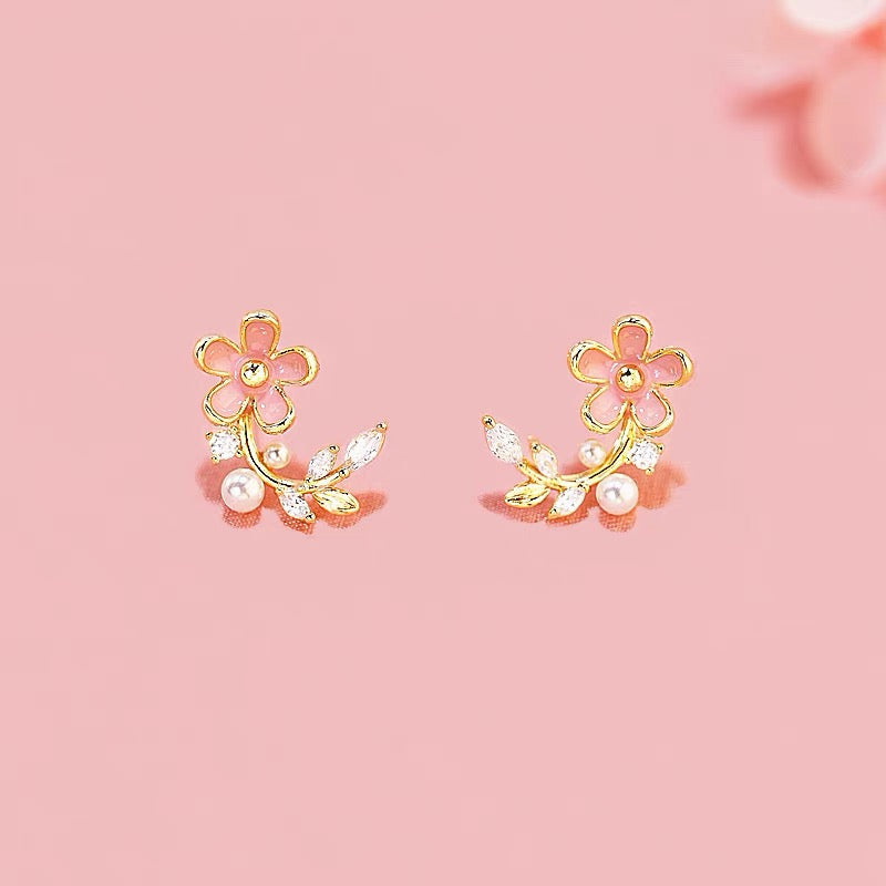 14K Gold-Plated Elegant Zircon Pearl Flower Earrings