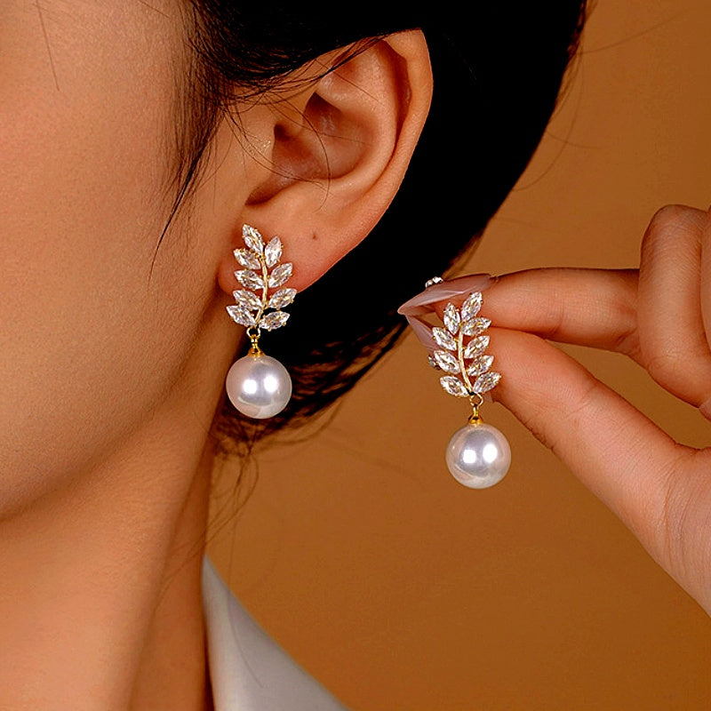 14K Gold-Plated Elegant Zircon Pearl Wheat Earrings