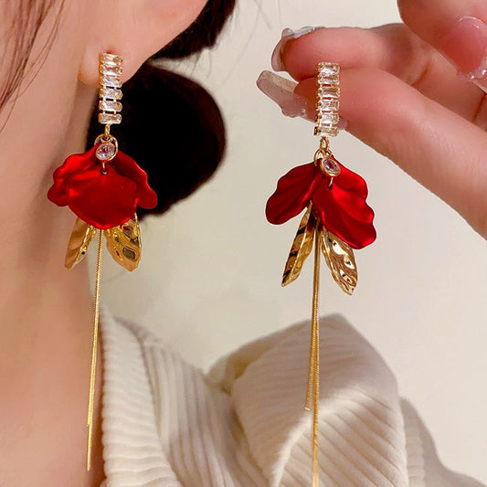 14K Gold-Plated Elegant Zircon Red Petal Earrings