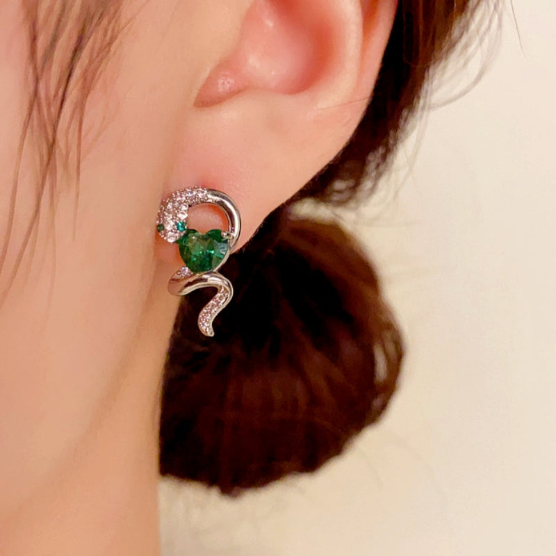 14K Gold-Plated Elegant Zircon Snake-Shaped Emerald Heart Earrings