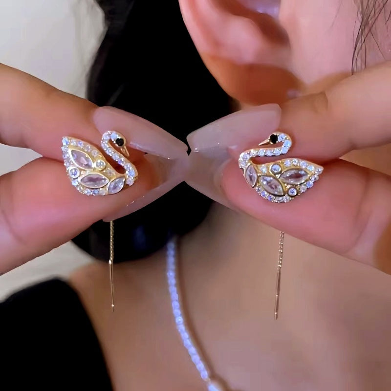 14K Gold-Plated Elegant Zircon Swan Threader Earrings