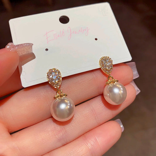 14K Gold-Plated Elegant Zircon TearDrop-Shaped Pearl Earrings