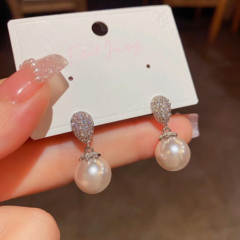 14K Gold-Plated Elegant Zircon TearDrop-Shaped Pearl Earrings