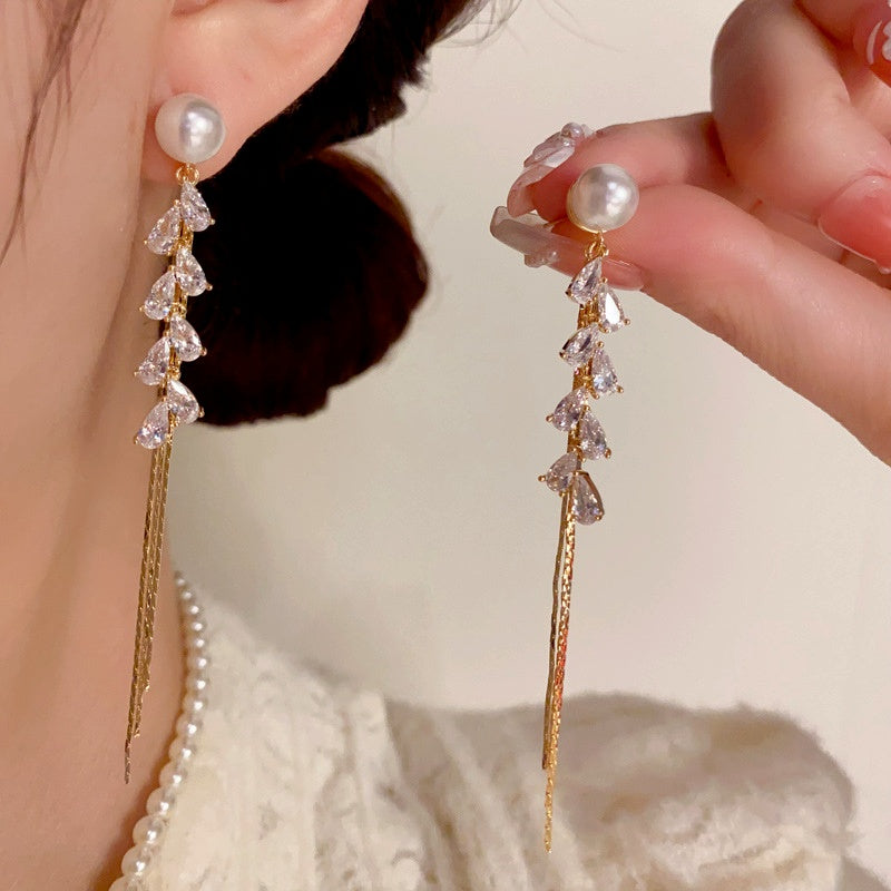 14K Gold-Plated Elegant Zircon Wheat Pearl Tassel Earrings