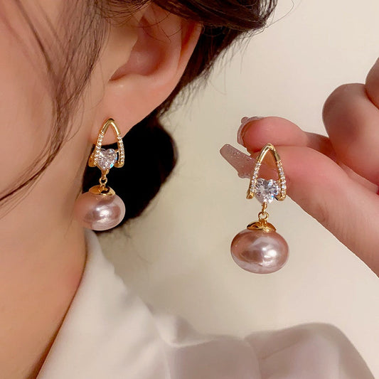 14K Gold-Plated Exquisite Pearl Zircon Heart Earrings