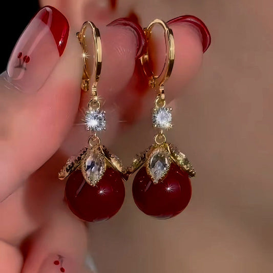 14K Gold-Plated Exquisite Red Bead Earrings