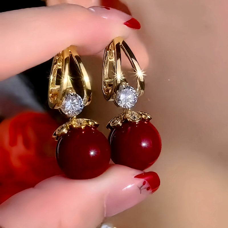 14K Gold-Plated Exquisite Red Classic Pearl Earrings