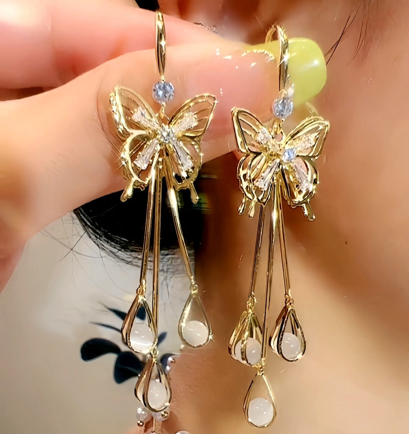 14K Gold-Plated Exquisite Zircon Butterfly Crystal Ear Hook Tassel  Earrings