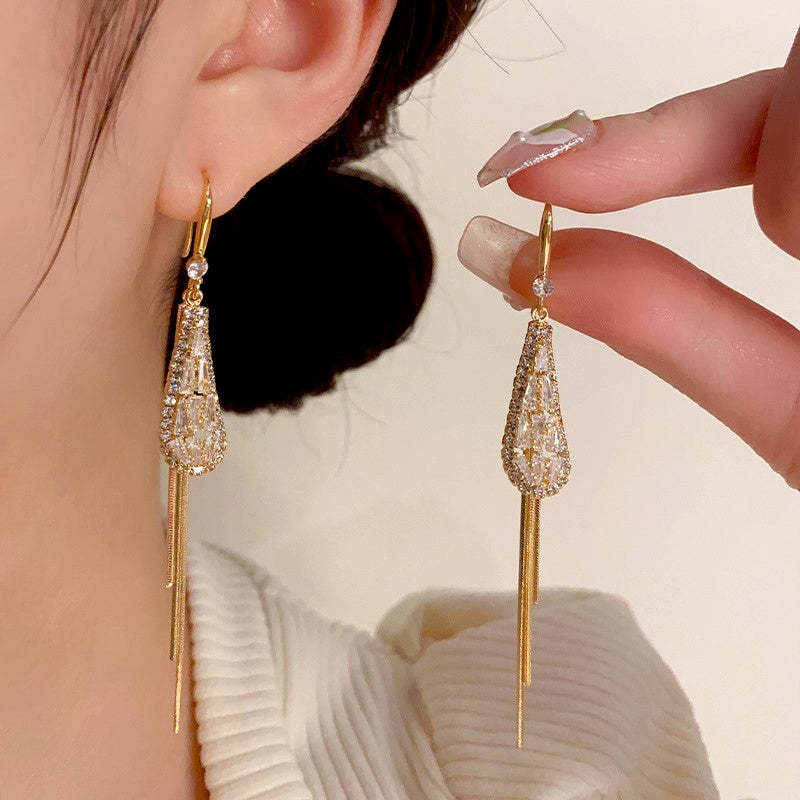 14K Gold-Plated Exquisite Zircon Water Drop Tassel Ear Hook Earrings