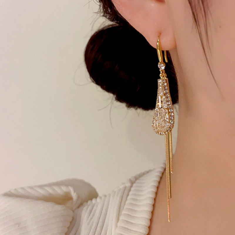 14K Gold-Plated Exquisite Zircon Water Drop Tassel Ear Hook Earrings