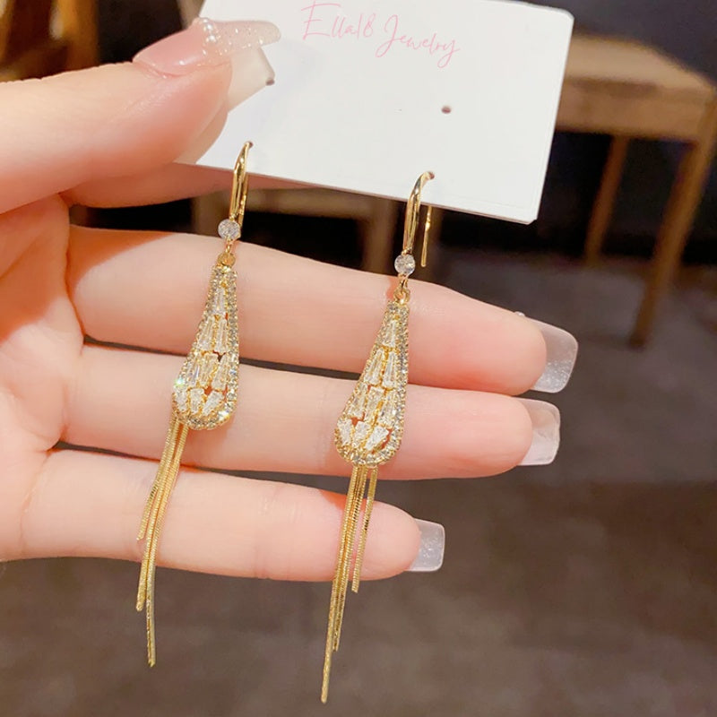 14K Gold-Plated Exquisite Zircon Water Drop Tassel Ear Hook Earrings