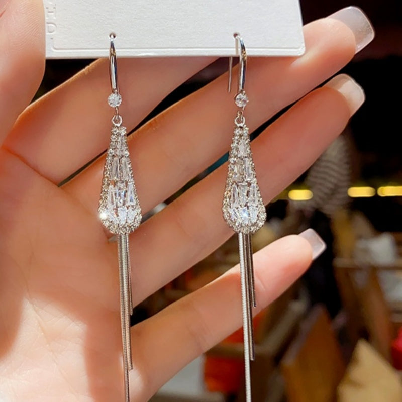 14K Gold-Plated Exquisite Zircon Water Drop Tassel Ear Hook Earrings