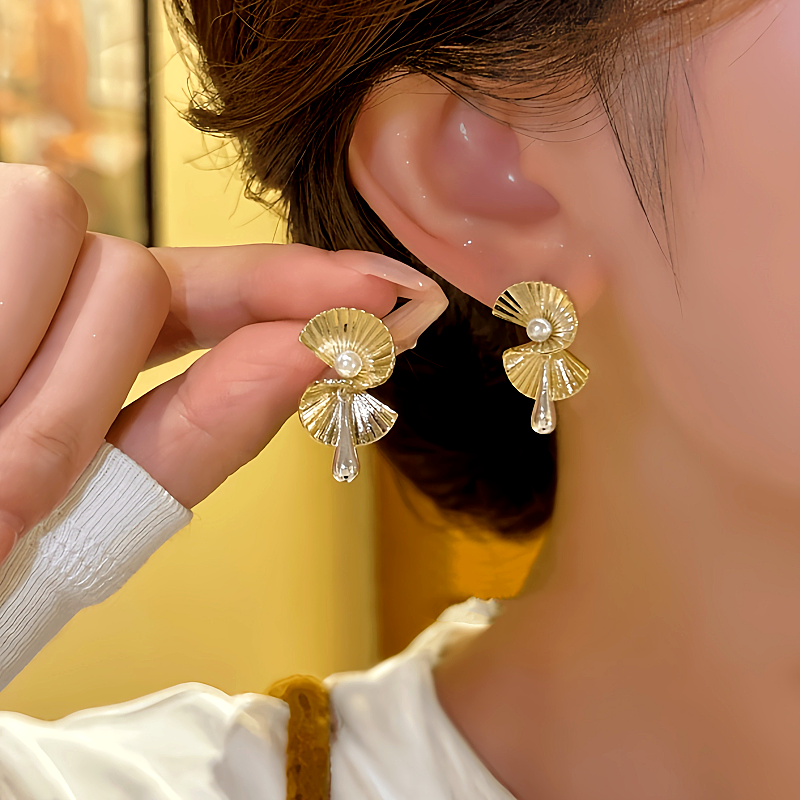 14K Gold-Plated Fan-Shaped Beaded Earrings