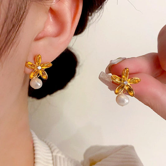 14K Gold-Plated Flower Hanging Pearl Earrings