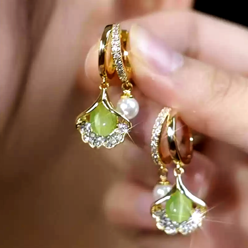 14K Gold-Plated Green Crystal Ginkgo Leaf Earrings