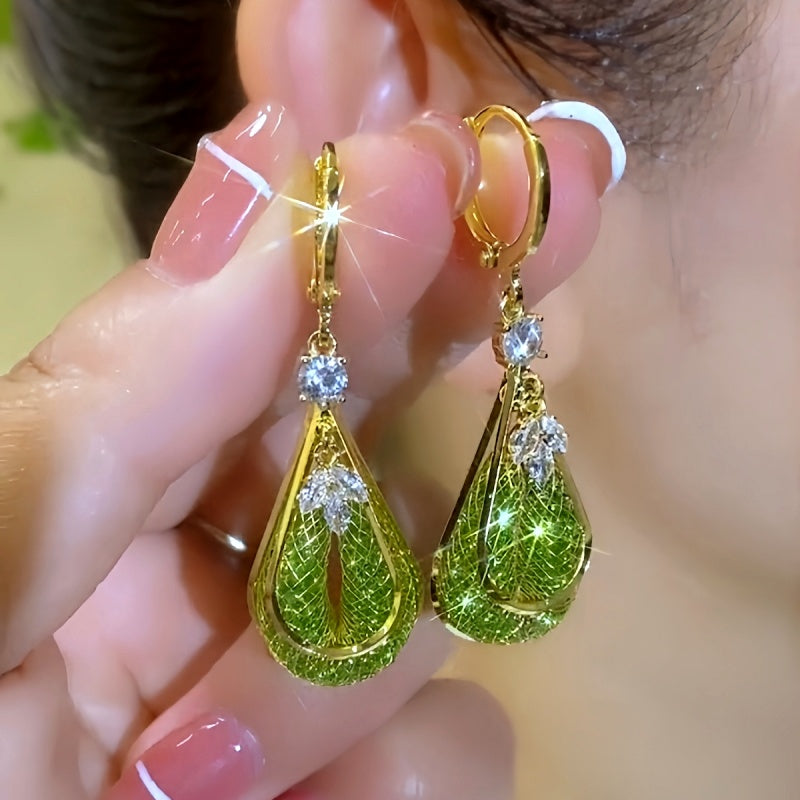 14K Gold-Plated Green Mesh Hollow Water Drop Earrings