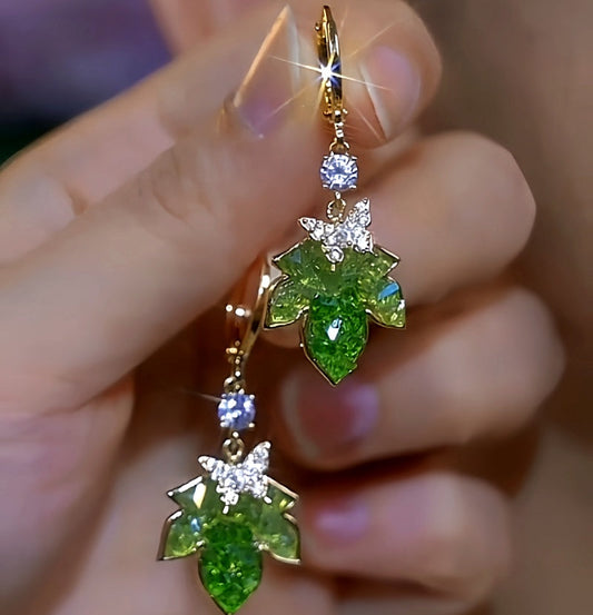 14K Gold-Plated Green Zircon Maple Leaf Earrings