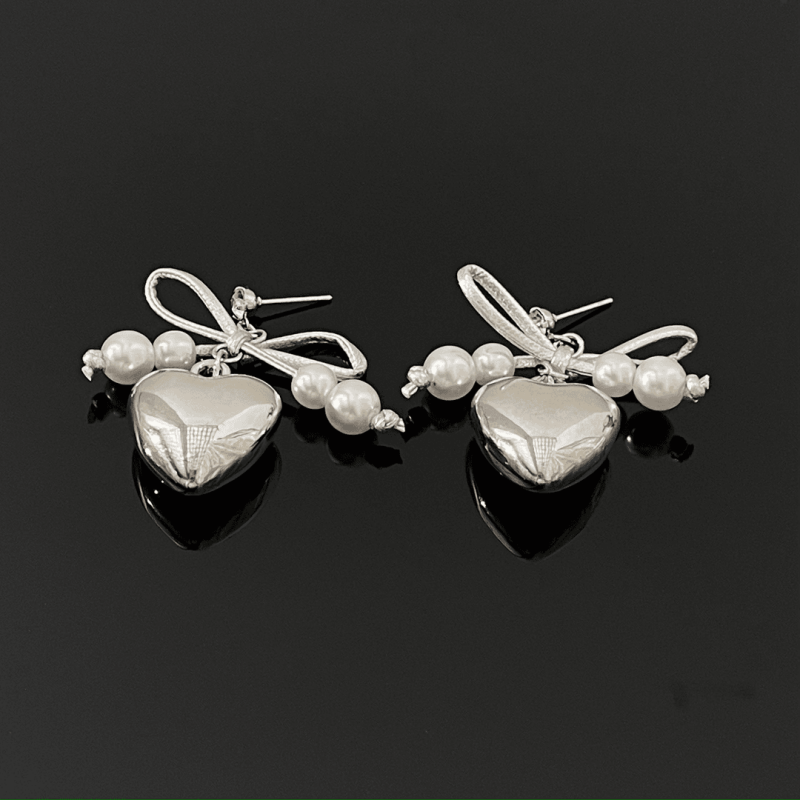 14K Gold-Plated Heart Bow Pearl Earrings