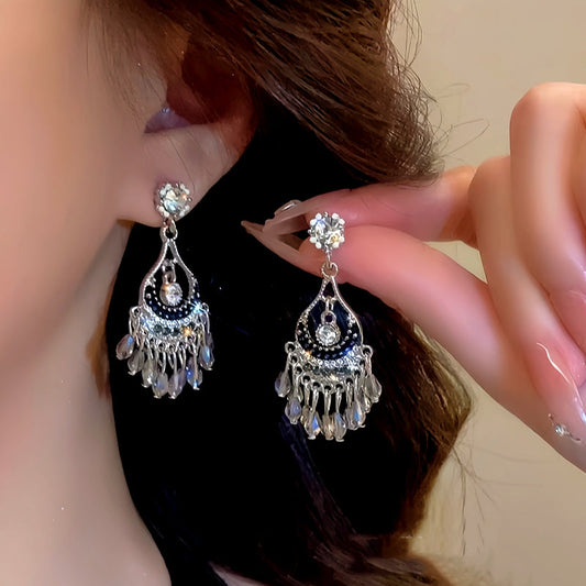 14K Gold-Plated Hollow Crystal Tassel Earrings