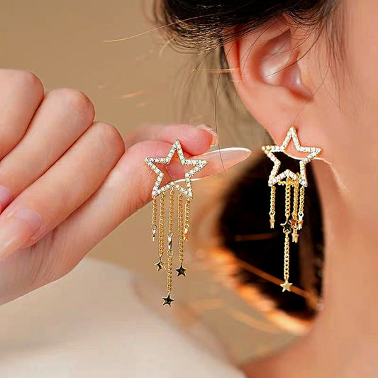 14K Gold-Plated Hollow Five-Pointed Star Tassel Earrings